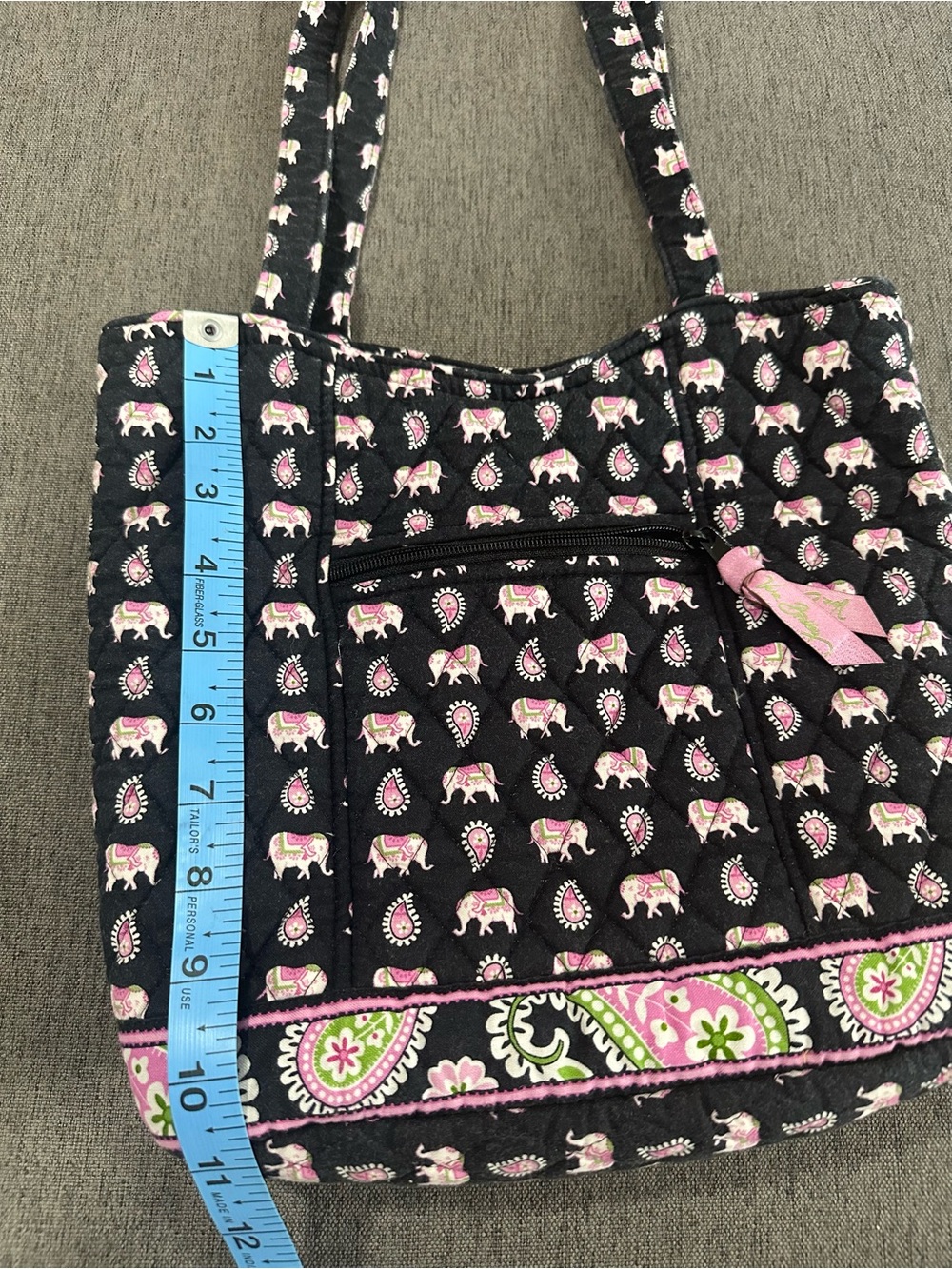 Vera Bradley Rare Black Tote with Pink and White Elephant Pattern - Picture 8 of 9